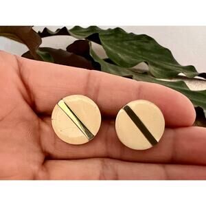Vintage Gold & Beige Enamel Stud Earrings, Circle 90s Jewelry, Retro 80s